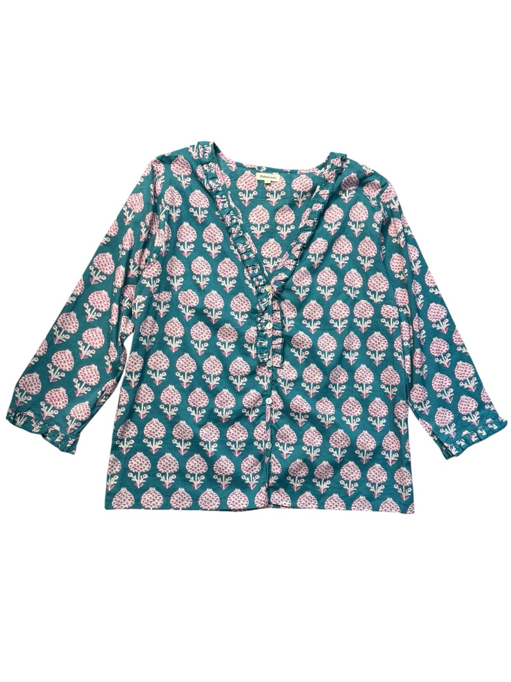 Pomegranate Cotton Button-Down Ruffle V-Neck Top size XL